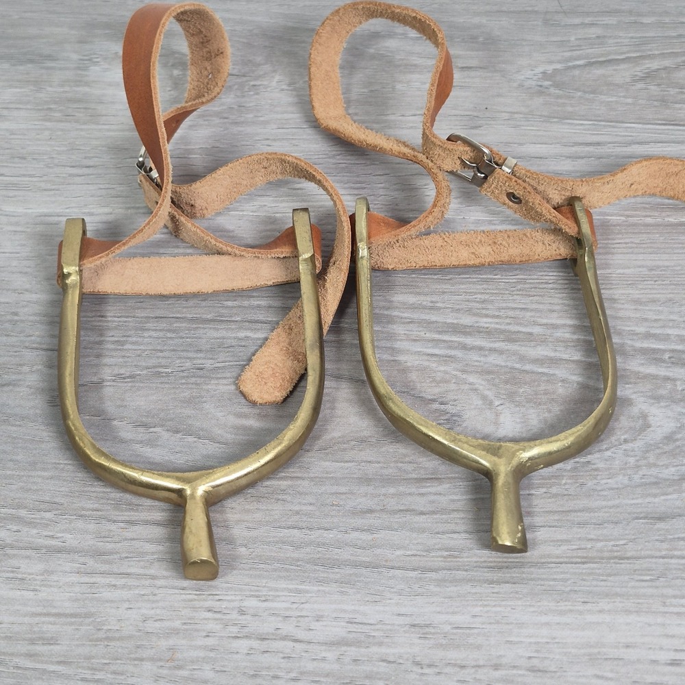 Vintage English Horseback Equestrian Riding Spurs Brass Leather Straps Set